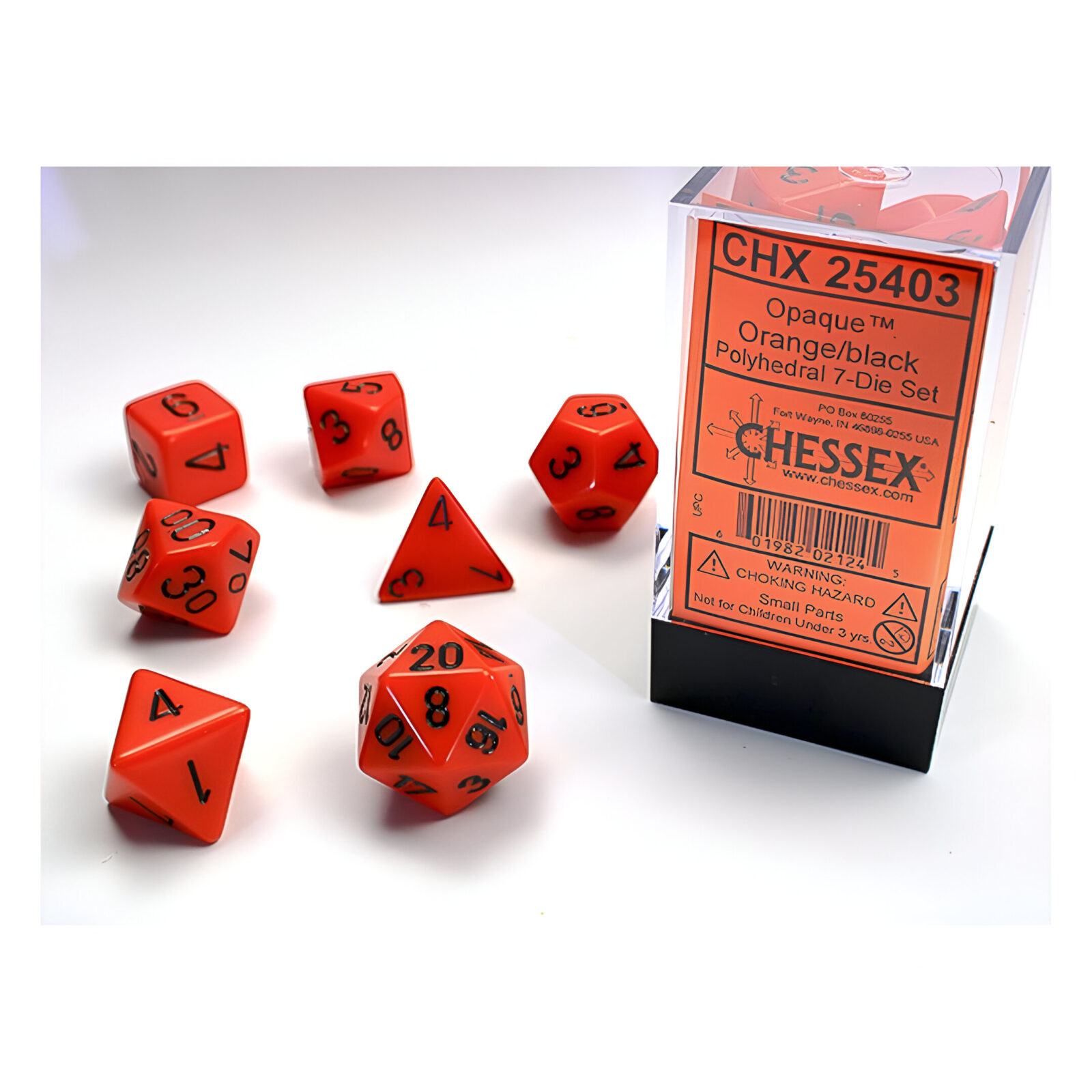 Chessex – Opaque Polyhedral 7 Dice Set – Orange w/Black