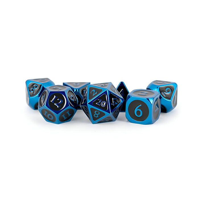 Fanroll – 16mm Metal Polyhedral Dice Set: Blue w/ Black Enamel