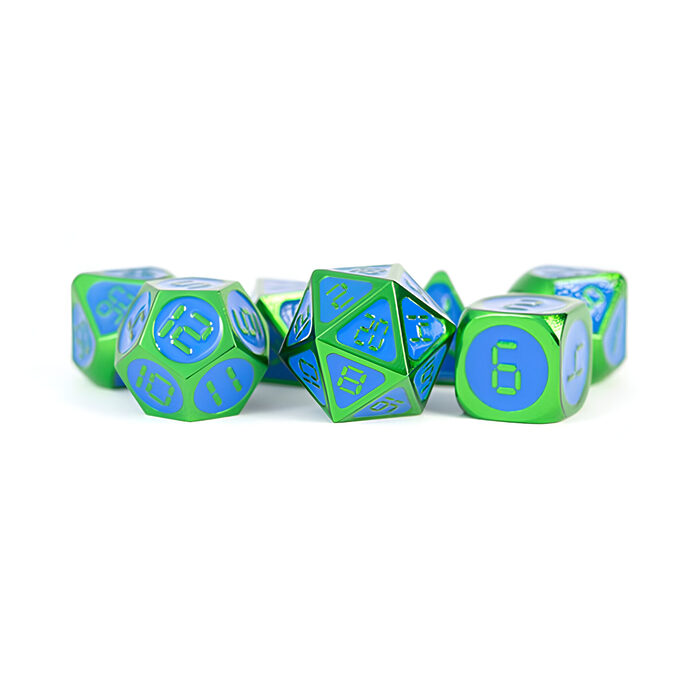 Fanroll – 16mm Metal Polyhedral Dice Set: Green w/ Blue Enamel