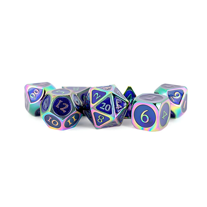 Fanroll – 16mm Metal Polyhedral Dice Set: Rainbow w/ Blue Enamel