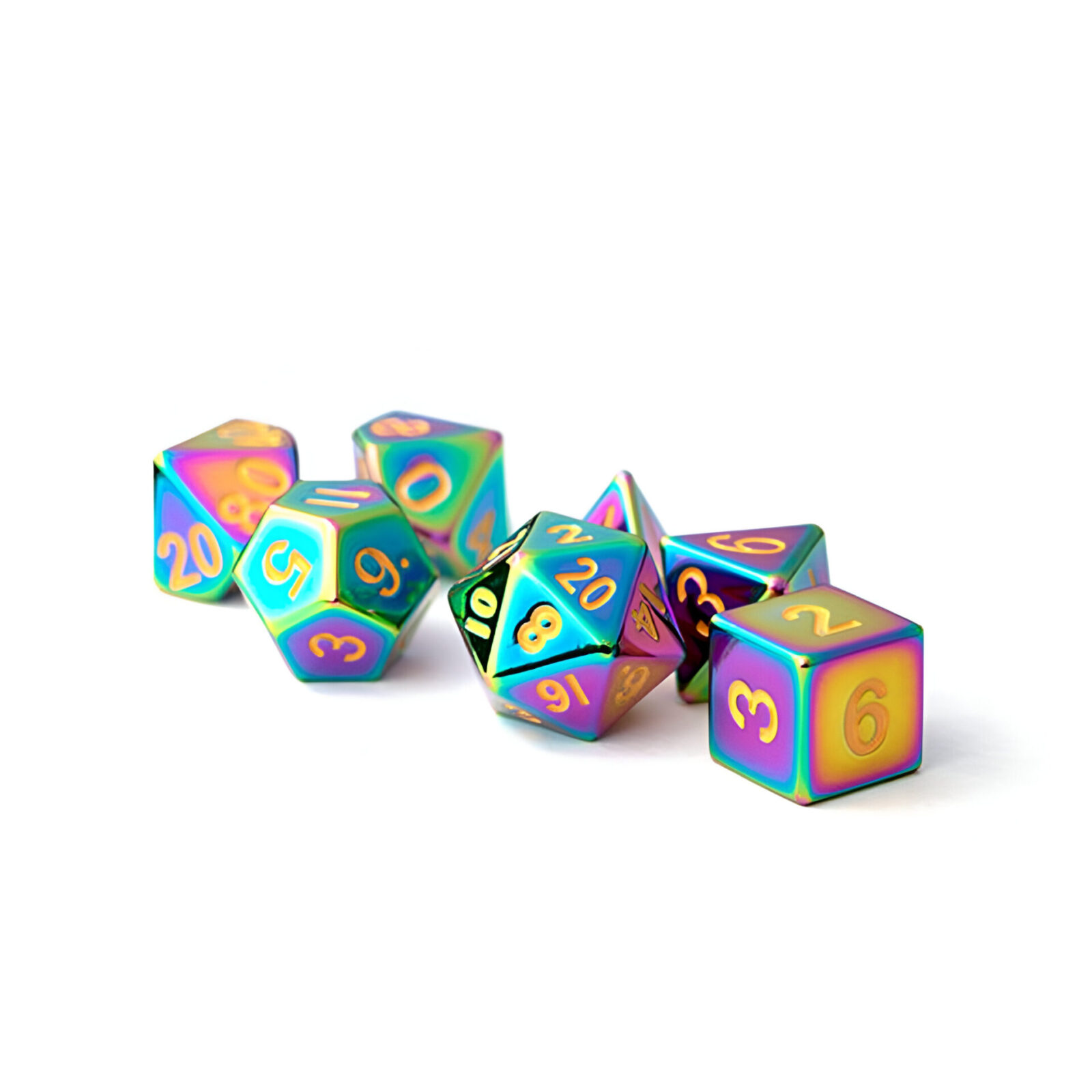 Fanroll – 16mm Metal Polyhedral Dice Set: Torched Rainbow