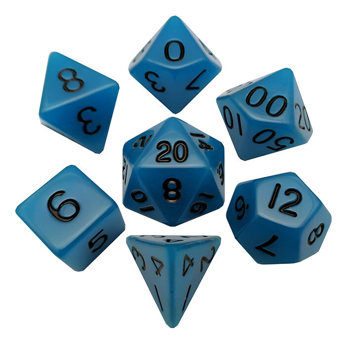 Fanroll – 16mm Acrylic Polyhedral Dice Set: Glow Blue