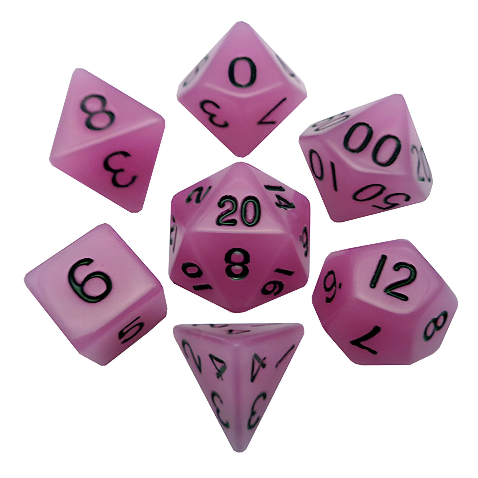 Fanroll – 16mm Acrylic Polyhedral Dice Set: Glow Purple