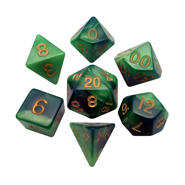 Fanroll – 16mm Acrylic Polyhedral Dice Set: Green/Light Green w/ Gold Numbers