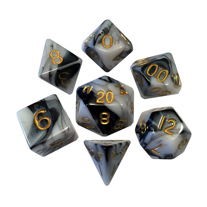 Fanroll – 16mm Acrylic Polyhedral Dice Set: Marble w/ Gold Numbers