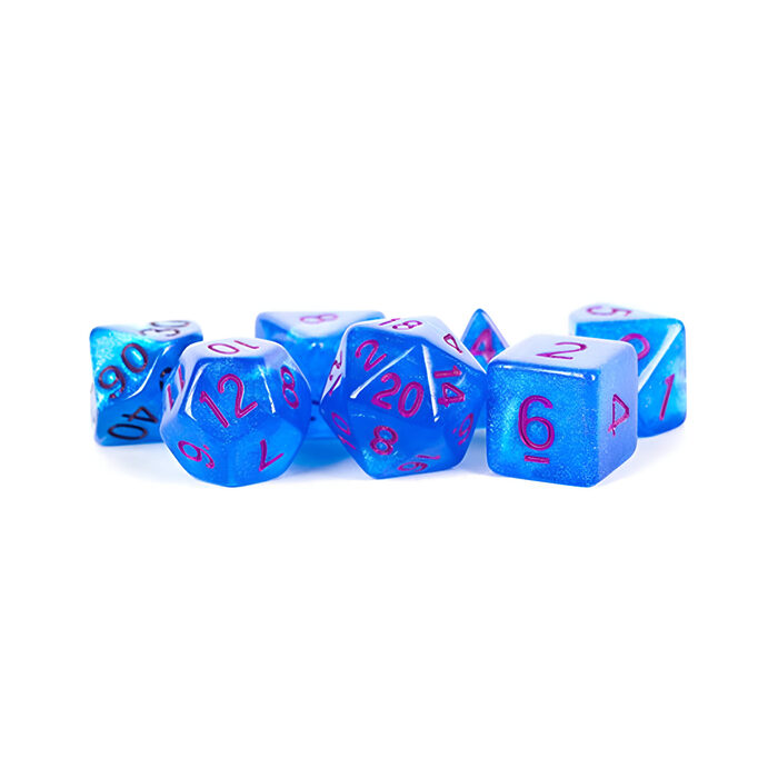 Fanroll – 16mm Acrylic Polyhedral Dice Set: Stardust Blue w/ Purple Numbers