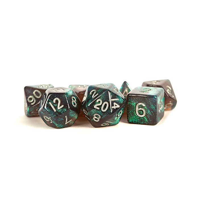 Fanroll – 16mm Acrylic Polyhedral Dice Set: Stardust Grey w/ Silver Numbers