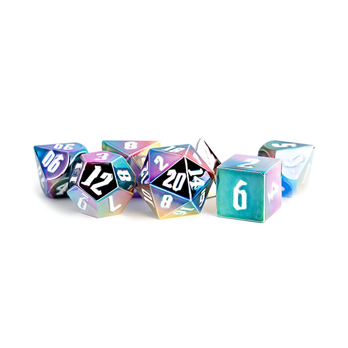 Fanroll – 16mm Aluminium Plated Acrylic Poly Dice Set: Rainbow Aegis w/ White Numbers