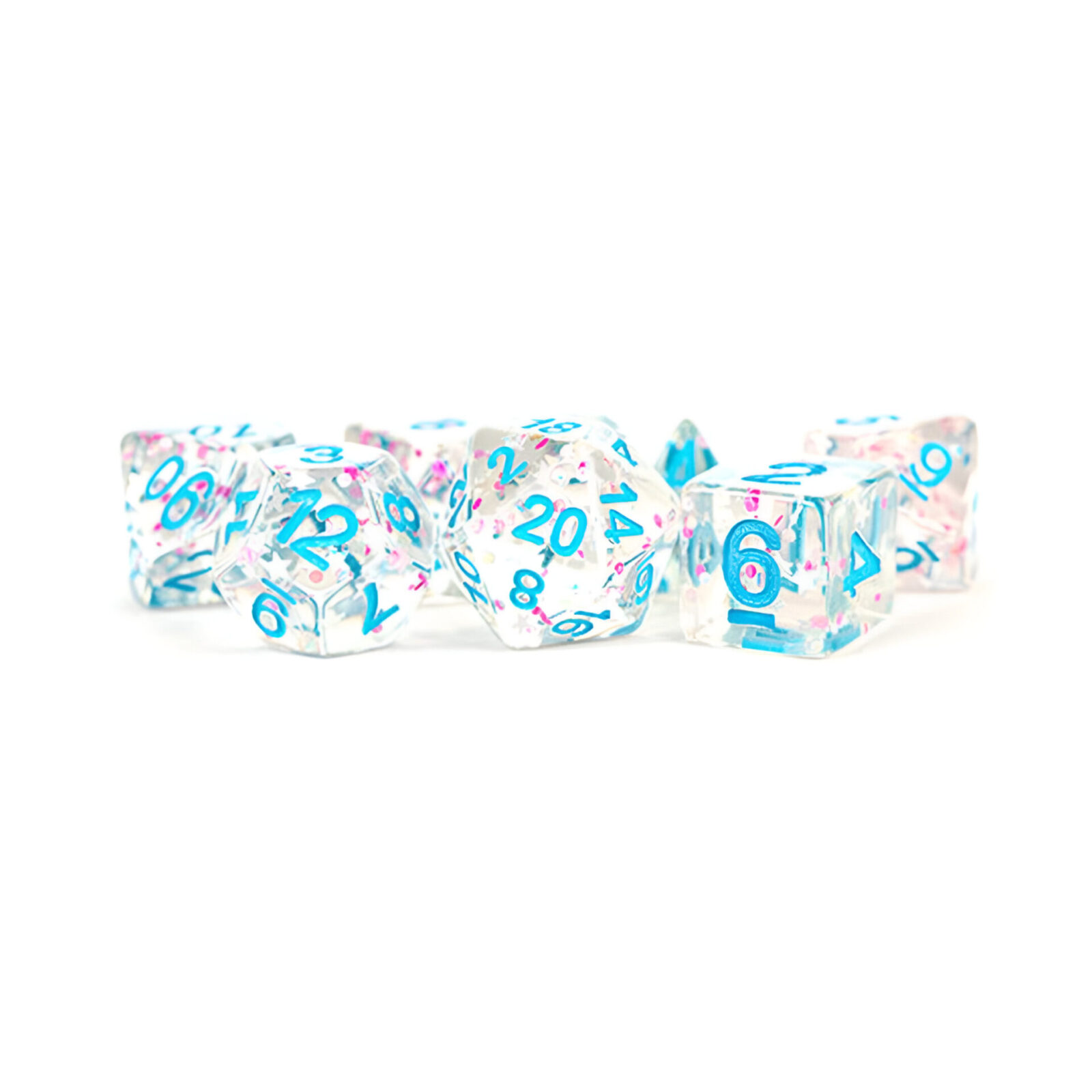 Fanroll – 16mm Resin Polyhedral Dice Set: Clear Confetti