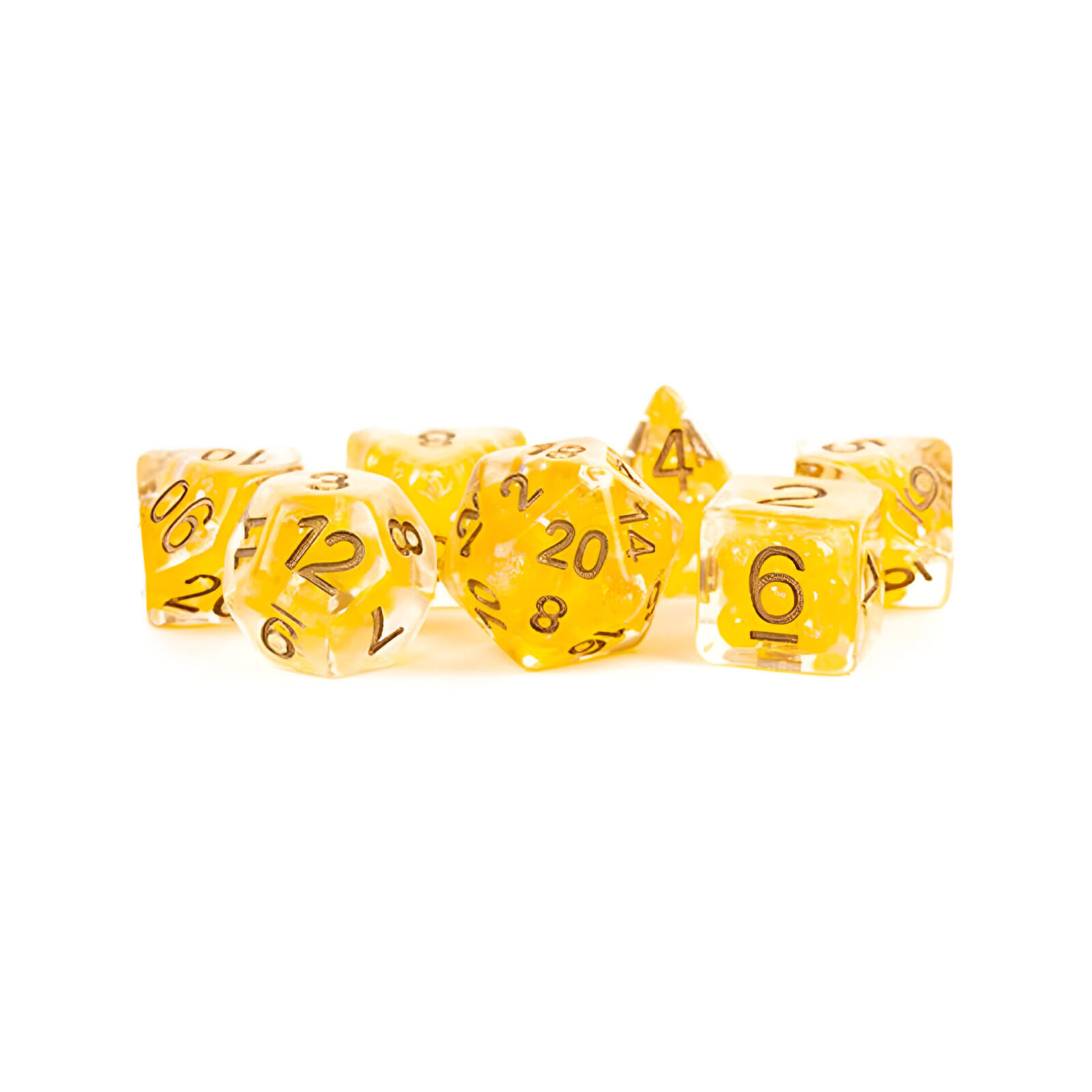 Fanroll – 16mm Resin Polyhedral Dice Set: Pearl Citrine with Copper Numbers