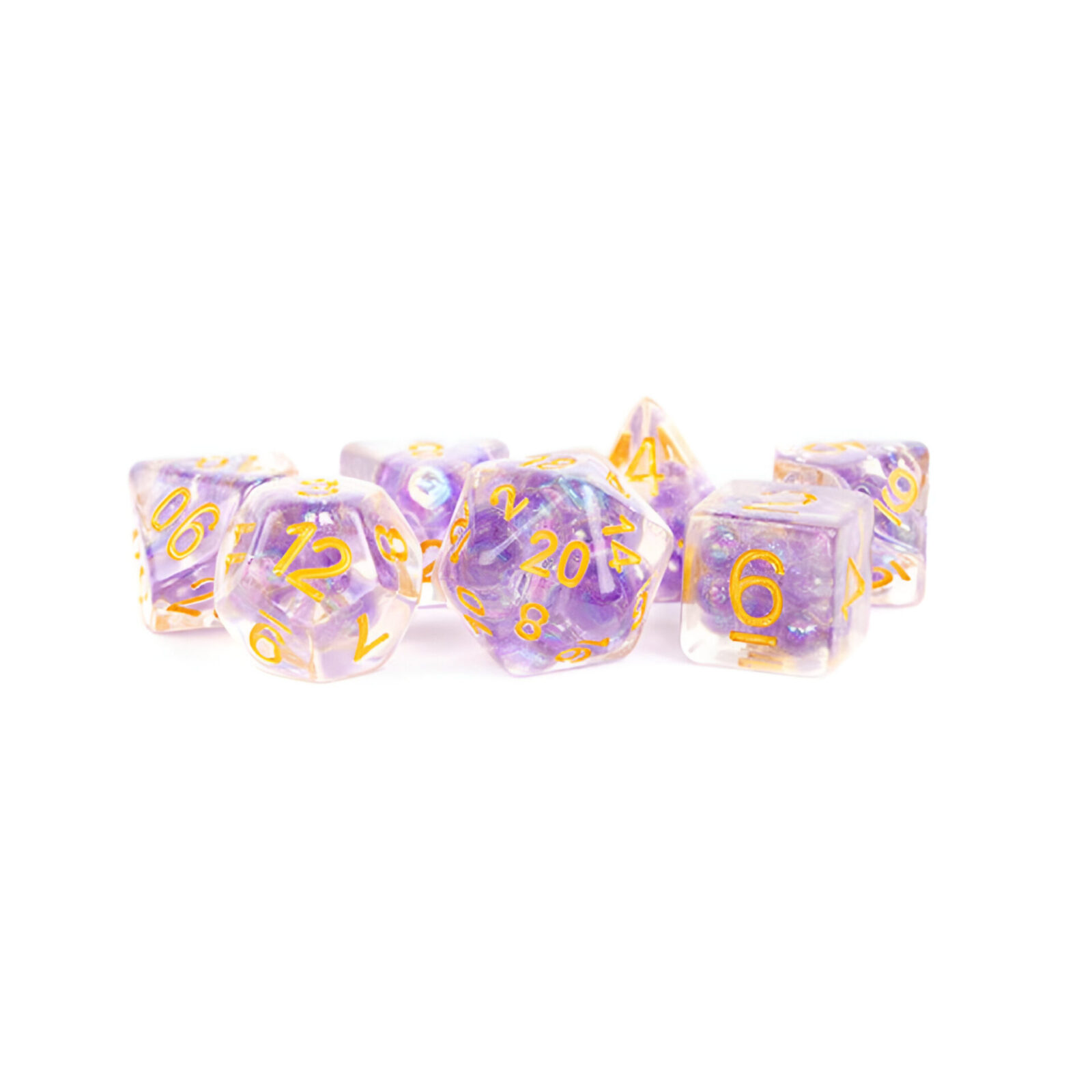 Fanroll – 16mm Resin Polyhedral Dice Set: Pearl Purple w/ Gold Numbers