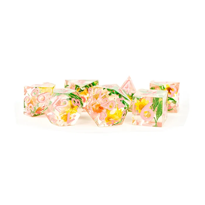 Fanroll – Handcrafted Sharp Edge Resin Dice Set: Chrysanthemum w/ Pink Numbers 4