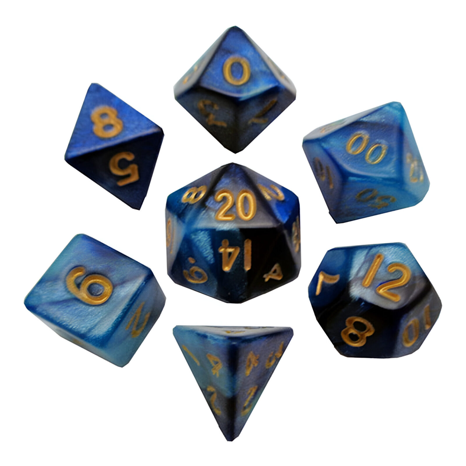 Fanroll – 10mm Mini Polyhedral Dice set- Blue/Light Blue w/ Gold Numbers