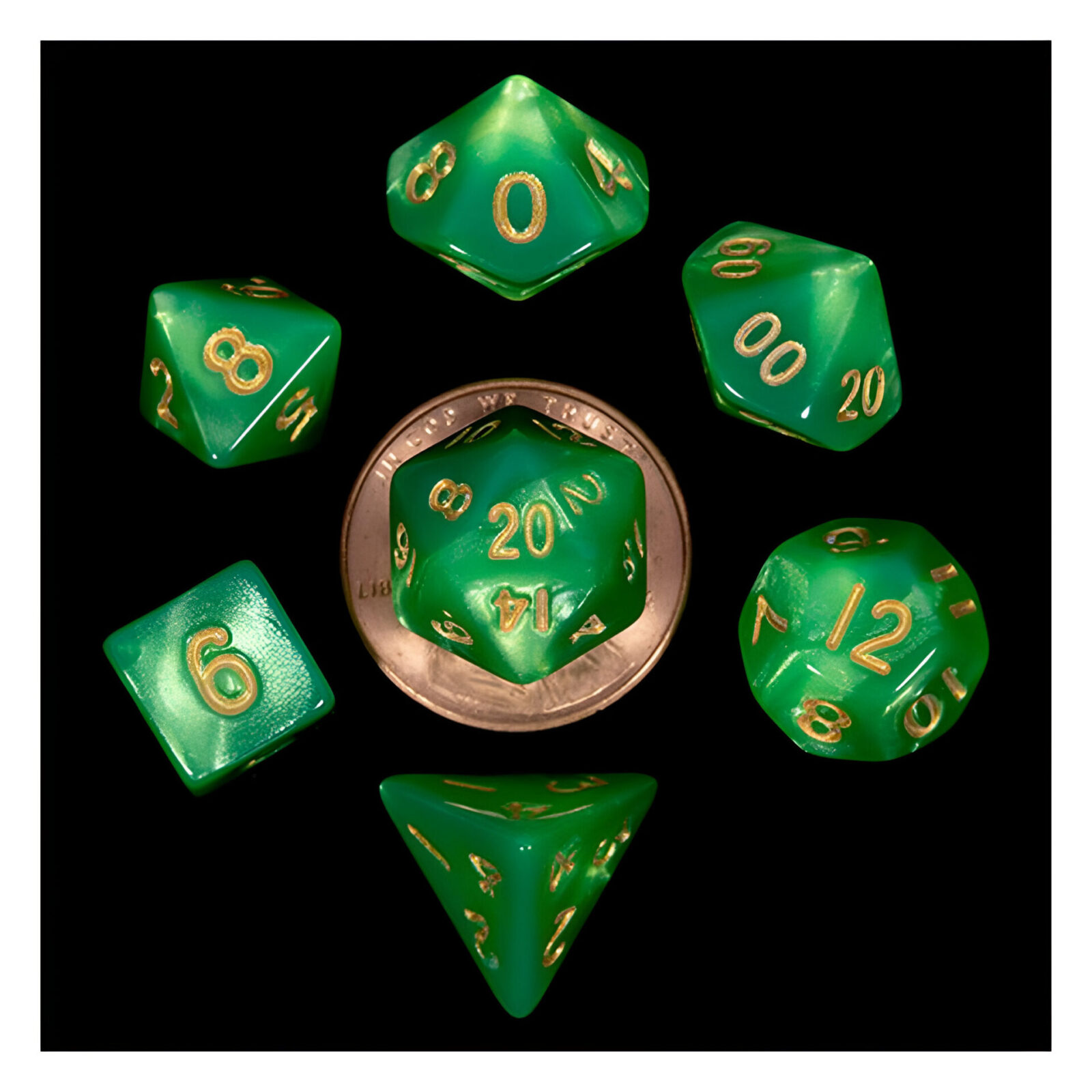 Fanroll – 10mm Mini Polyhedral Dice set – Green/Light Green w/ Gold Numbers