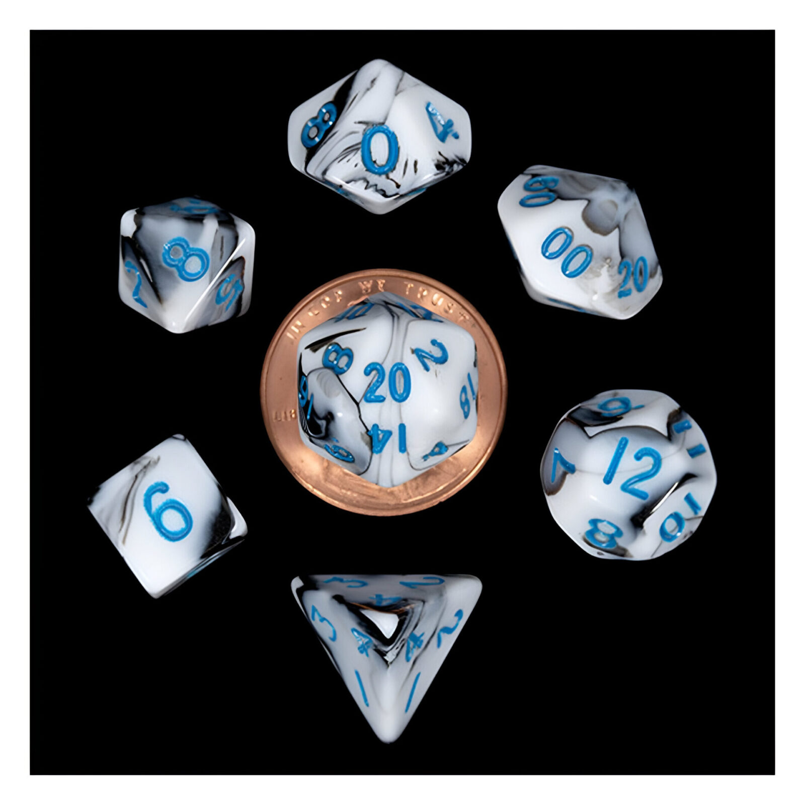 Fanroll – 10mm Mini Polyhedral Dice set – Marble w/ Blue Numbers