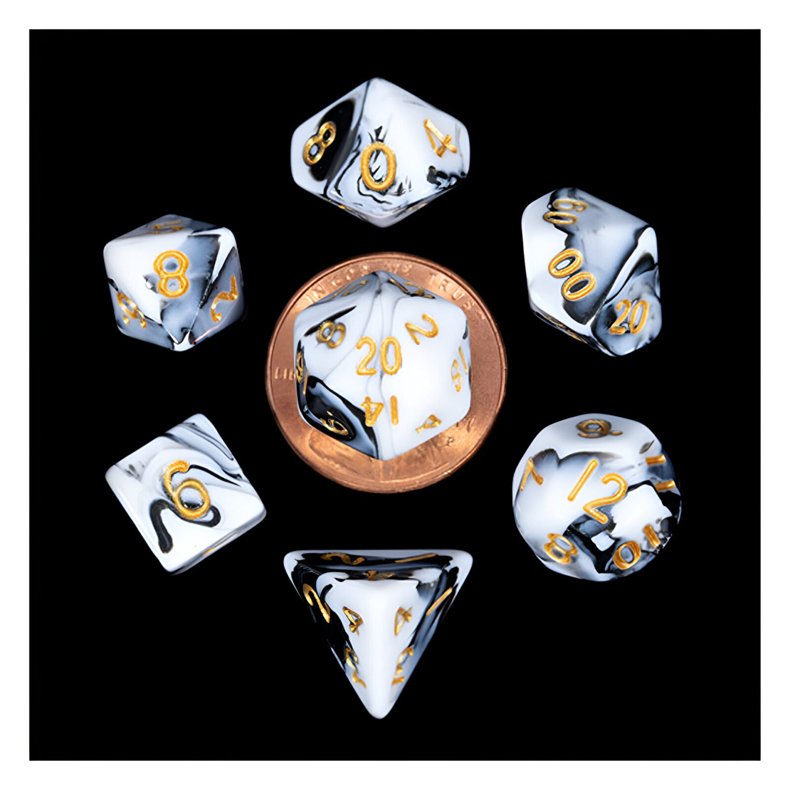 Fanroll – 10mm Mini Polyhedral Dice set – Marble w/ Gold Numbers