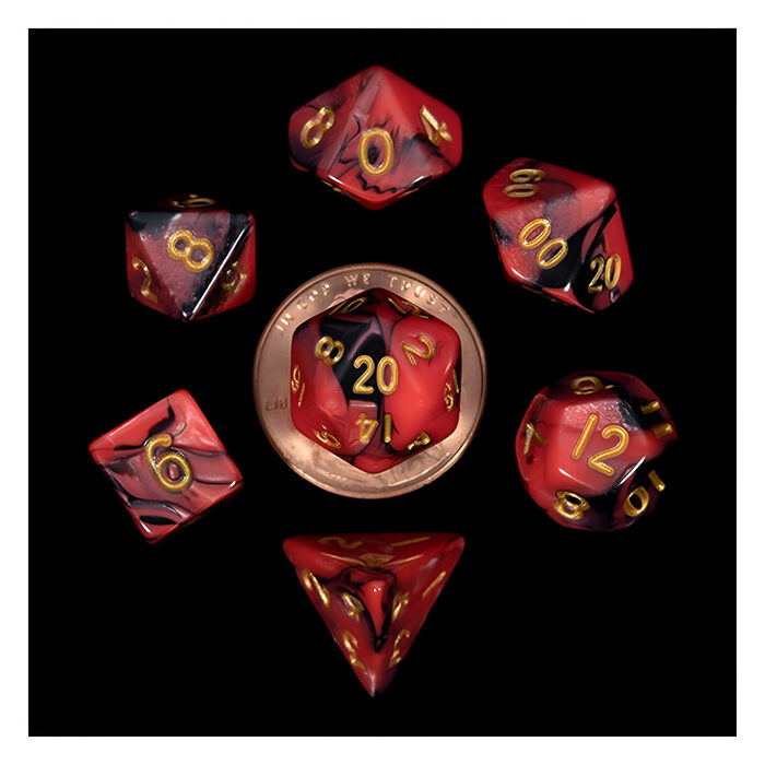 Fanroll – 10mm Mini Polyhedral Dice set – Red/Black w/ Gold Numbers