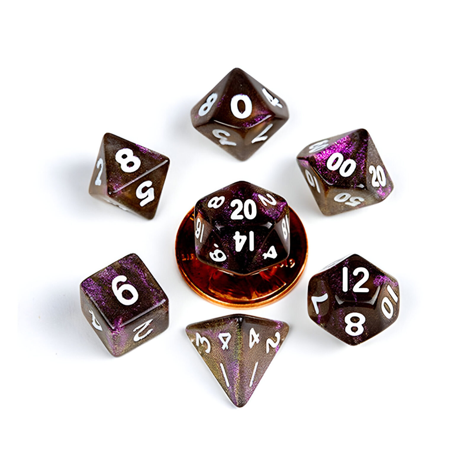 Fanroll – 10mm Mini Polyhedral Dice set – Stardust Supervolcano