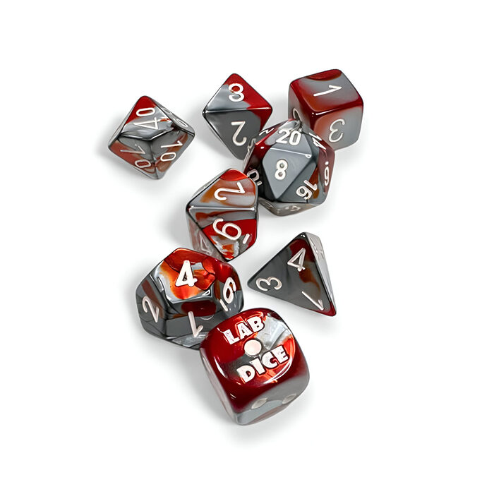 Chessex – Lab Dice 8 – Gemini Polyhedral 7 Dice Set – Red-Steel/White