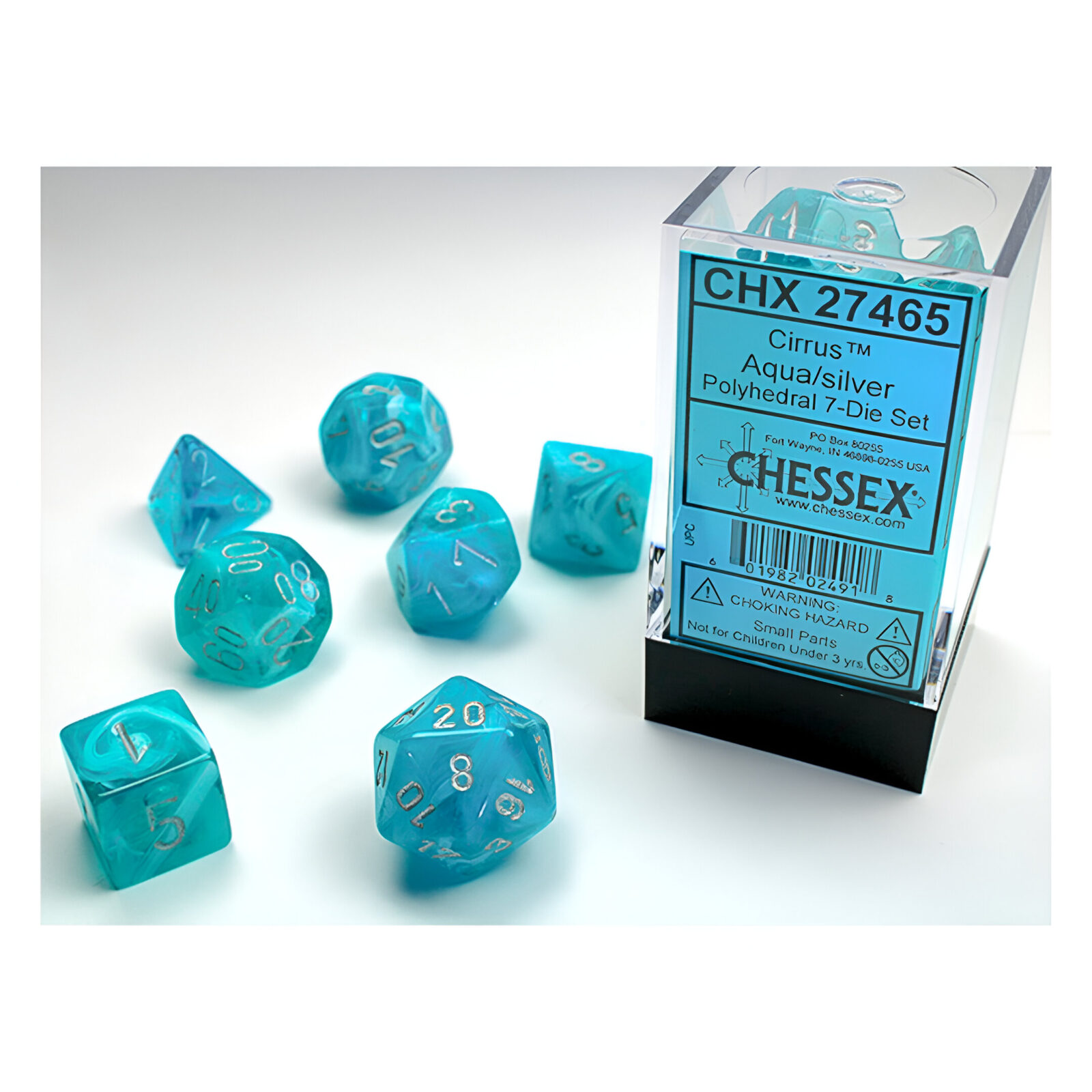 Chessex – Cirrus Polyhedral 7 Dice Set – Aqua w/Silver
