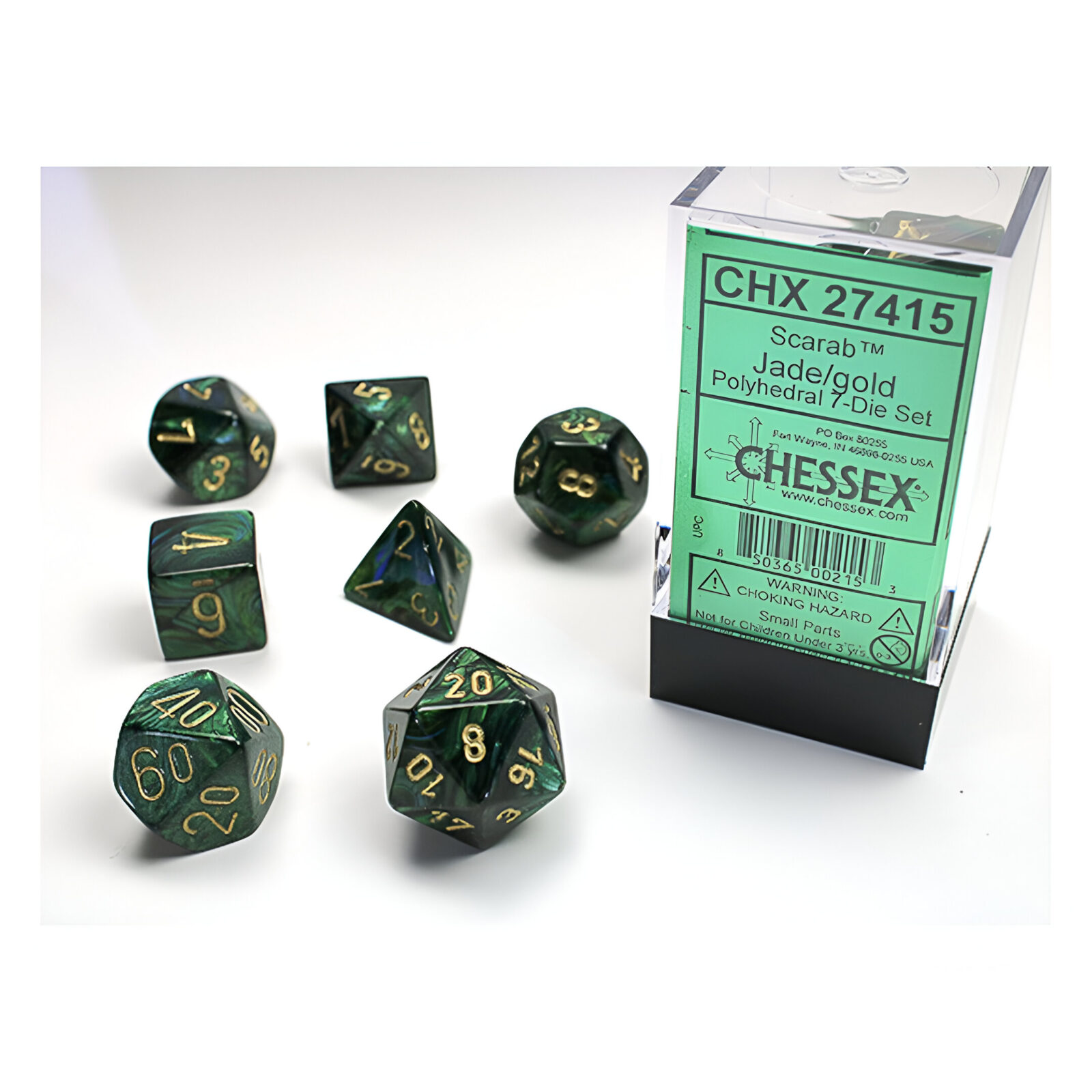 Chessex – Scarab Polyhedral 7 Dice Set – Jade w/Gold
