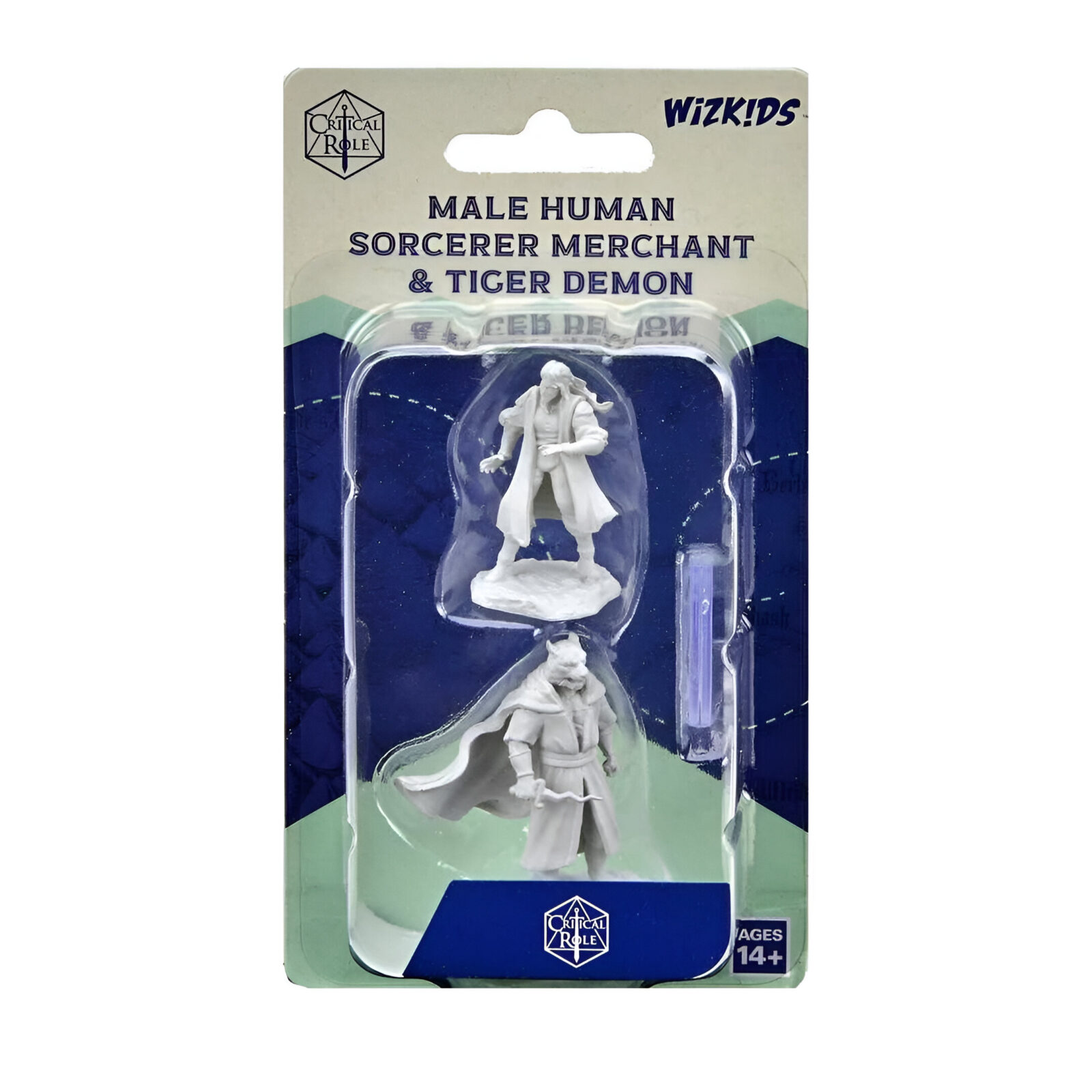 Critical Role Unpainted Miniatures: Male Human Sorcerer Merchant & Tiger Demon