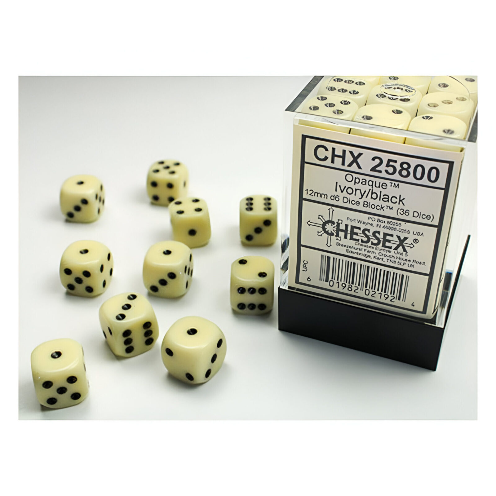 Chessex – Opaque 12mm D6 Dice Block – Ivory w/Black