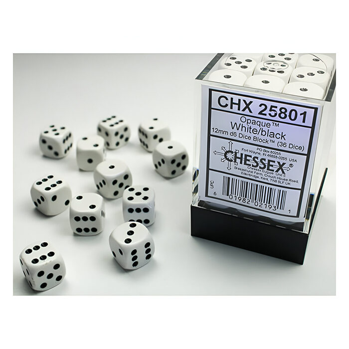 Chessex – Opaque 12mm D6 Dice Block – White w/Black