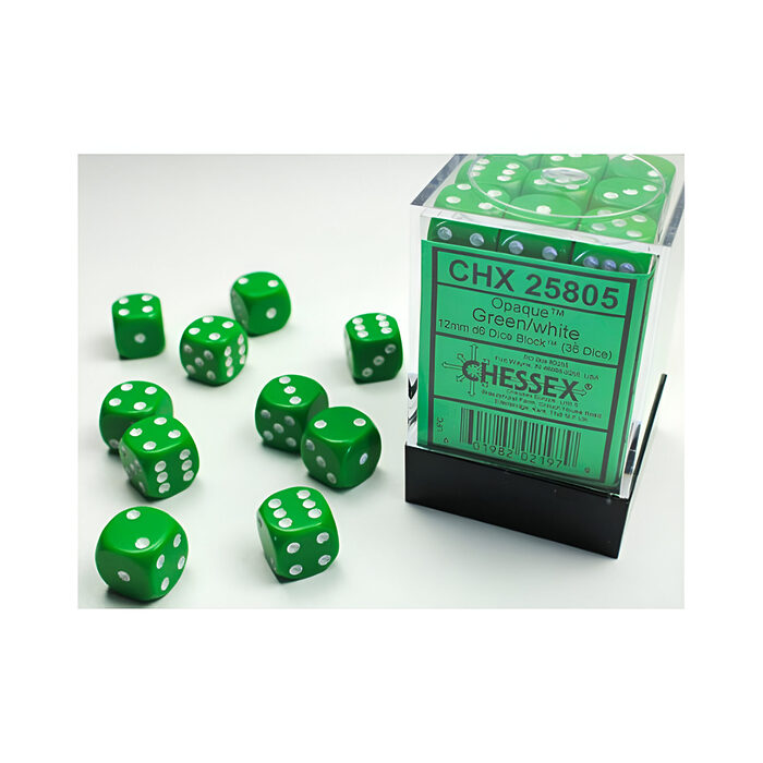 Chessex – Opaque 12mm D6 Dice Block – Green w/White