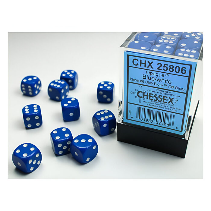 Chessex – Opaque 12mm D6 Dice Block – Blue w/White