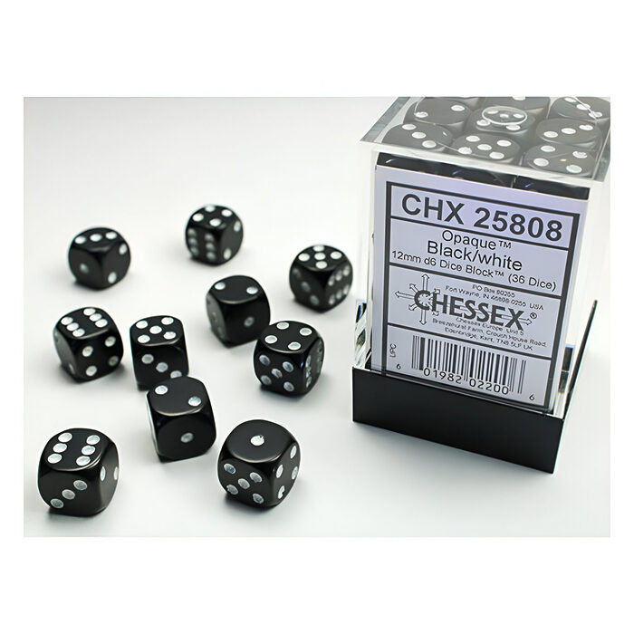 Chessex – Opaque 12mm D6 Dice Block – Black w/White