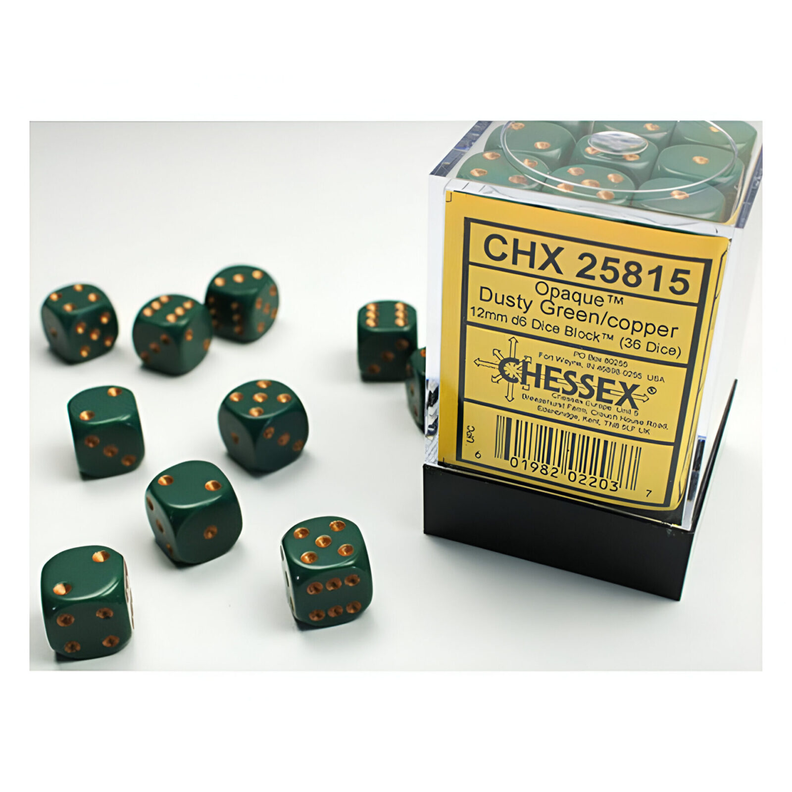 Chessex – Opaque 12mm D6 Dice Block – Dusty Green w/Gold