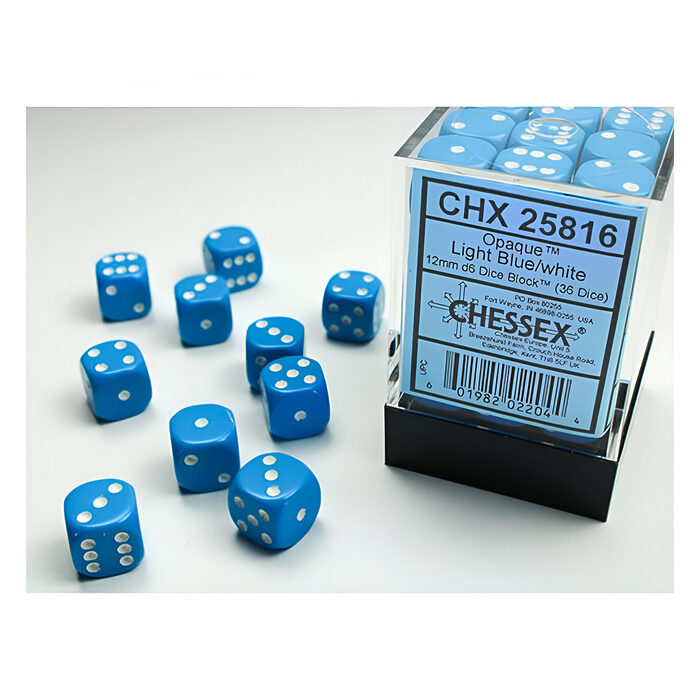 Chessex – Opaque 12mm D6 Dice Block – Light Blue w/White