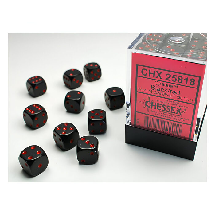 Chessex – Opaque 12mm D6 Dice Block – Black w/Red