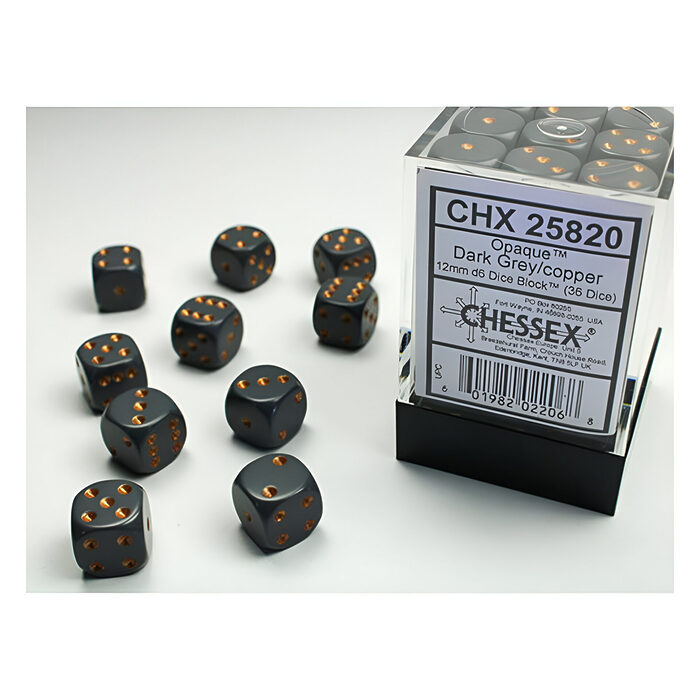 Chessex – Opaque 12mm D6 Dice Block – Dark Grey w/Copper