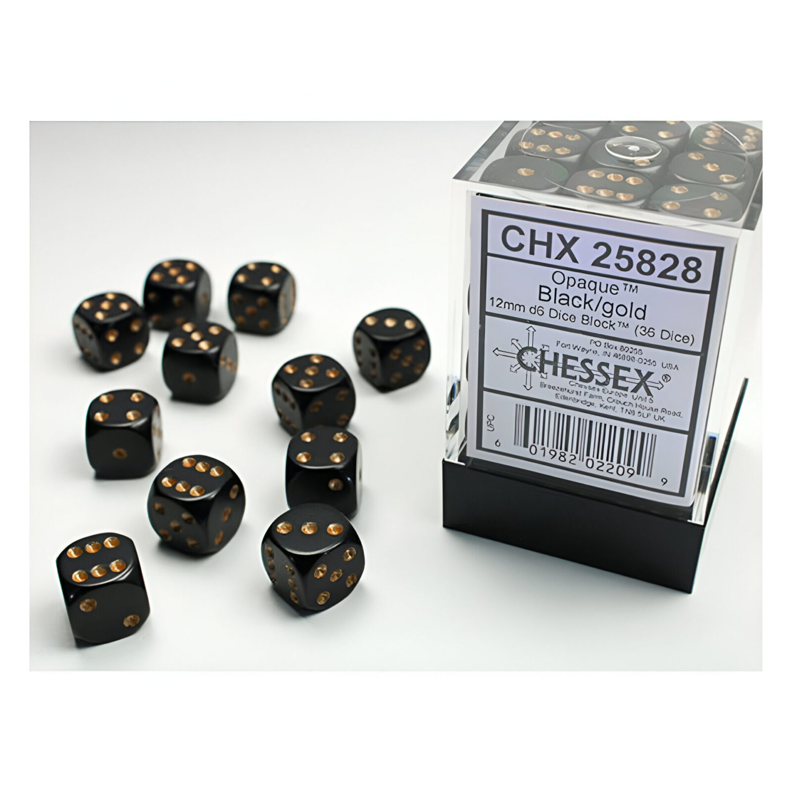 Chessex – Opaque 12mm D6 Dice Block – Black w/Gold