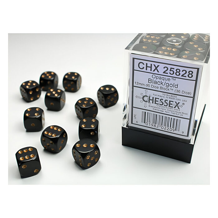 Chessex – Opaque 12mm D6 Dice Block – Black w/Gold