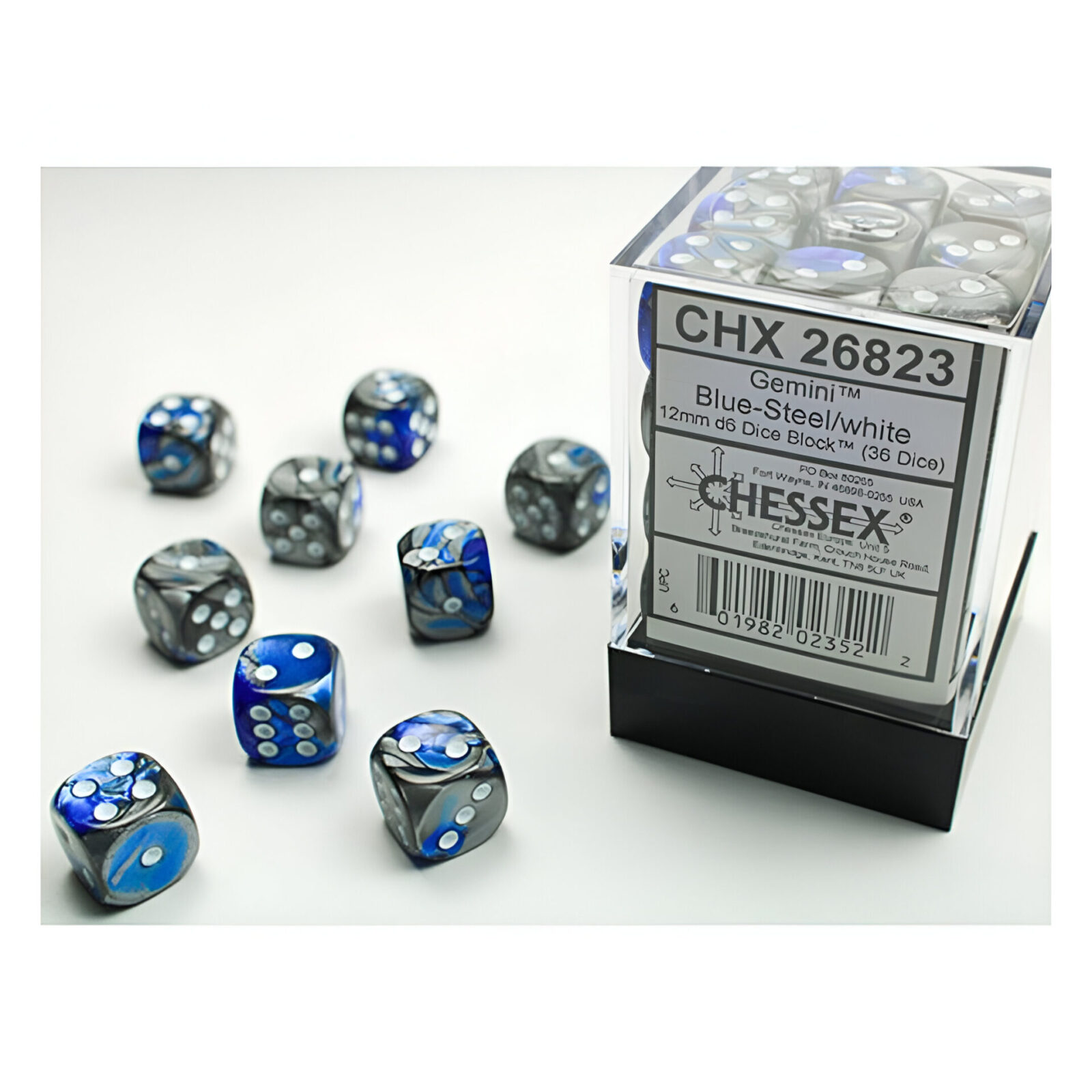 Chessex – Gemini 12mm D6 Dice Block – Blue & Steel w/White