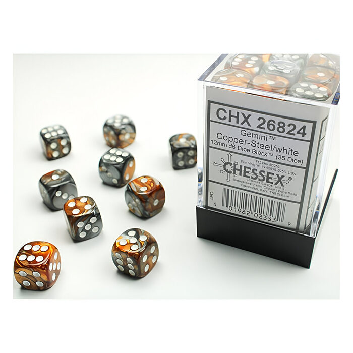 Chessex – Gemini 12mm D6 Dice Block – Copper & Steel w/White