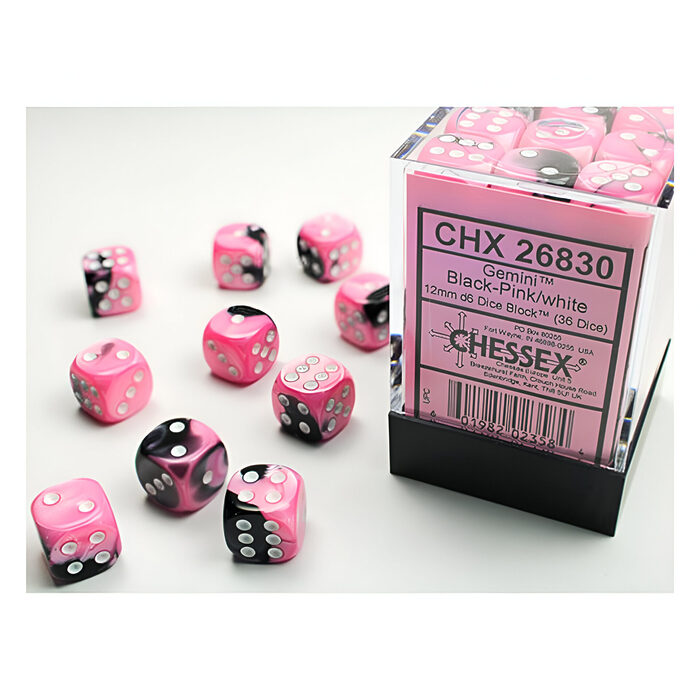 Chessex – Gemini 12mm D6 Dice Block – Black & Pink w/White