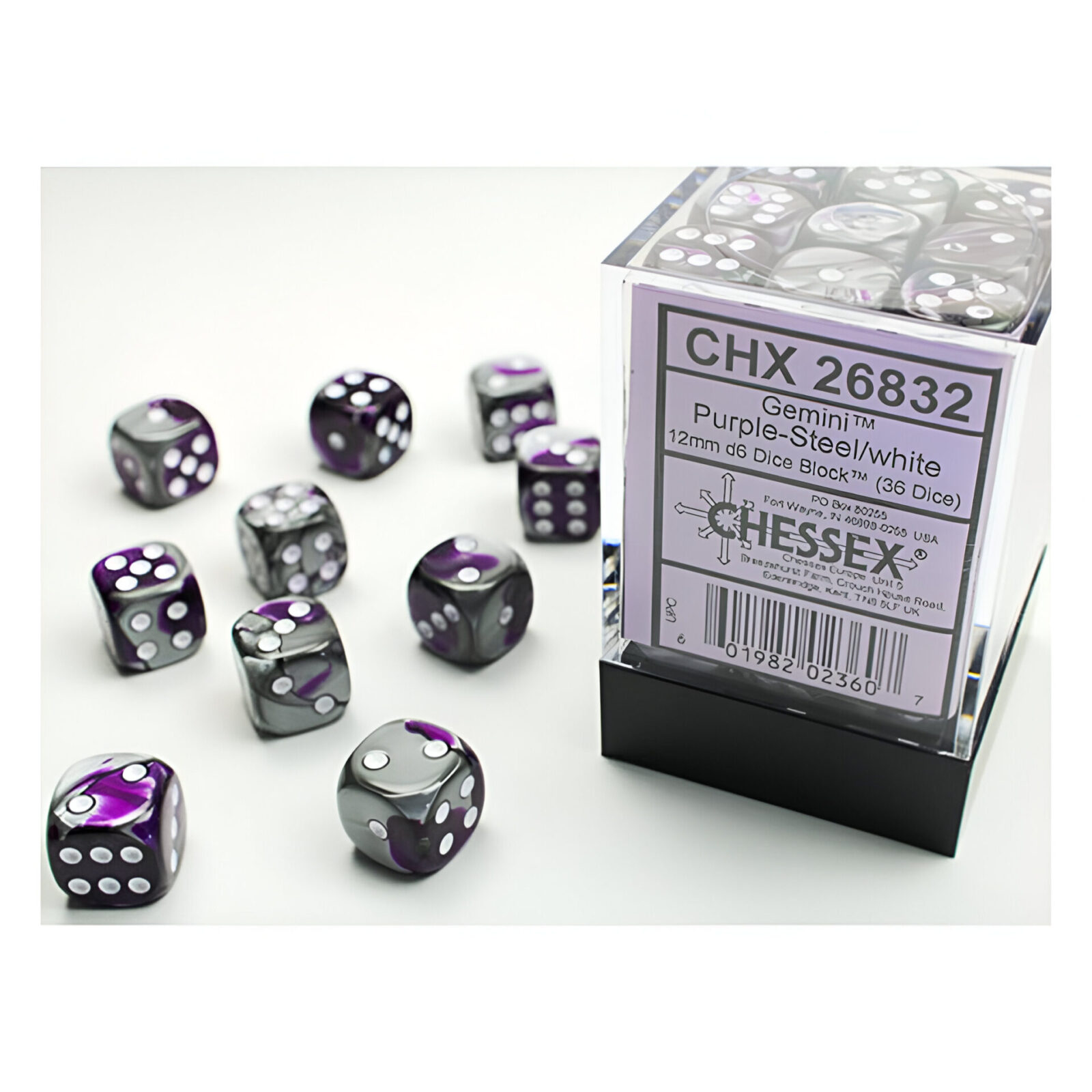 Chessex – Gemini 12mm D6 Dice Block – Purple & Steel w/White