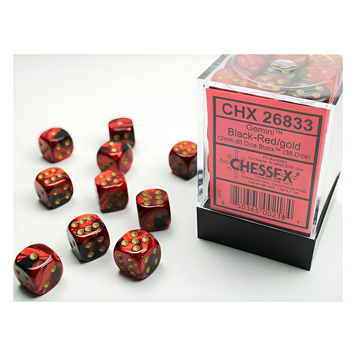 Chessex – Gemini 12mm D6 Dice Block – Black & Red w/Gold