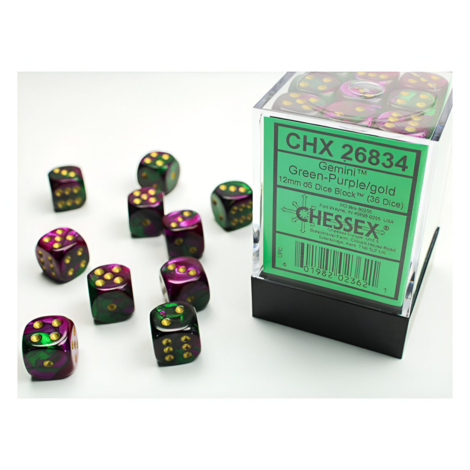 Chessex – Gemini 12mm D6 Dice Block – Green & Purple w/Gold