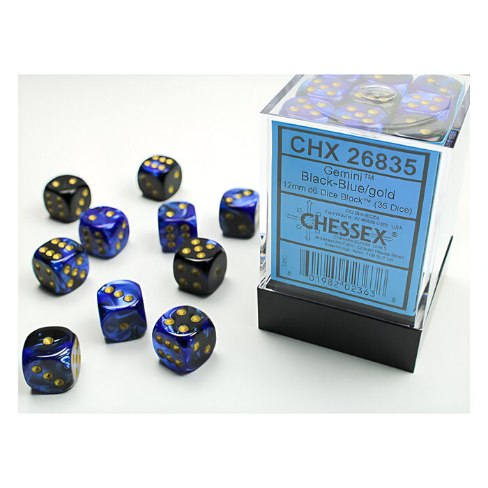 Chessex – Gemini 12mm D6 Dice Block – Black & Blue w/Gold