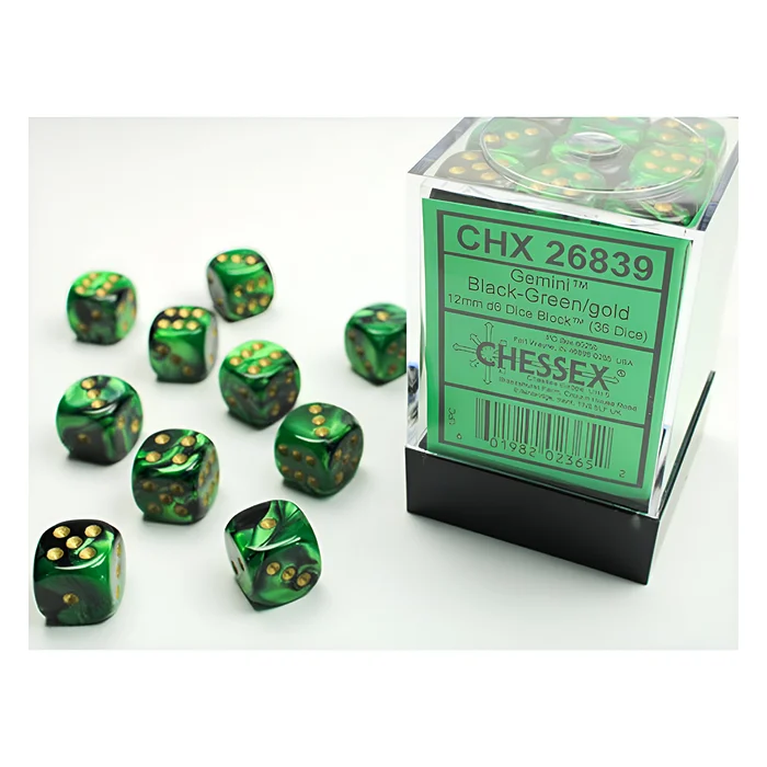 Chessex – Gemini 12mm D6 Dice Block – Black & Green w/Gold 3