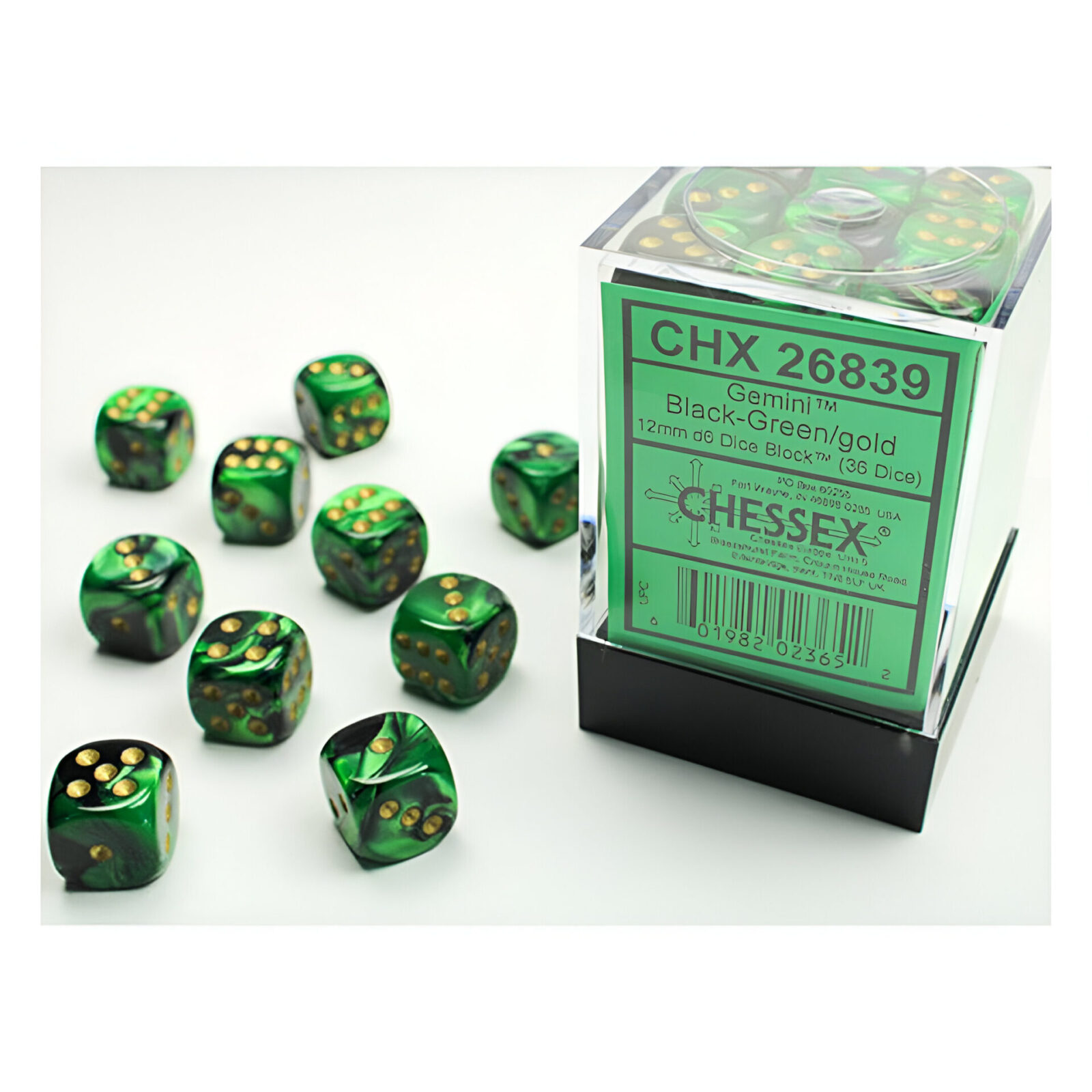 Chessex – Gemini 12mm D6 Dice Block – Black & Green w/Gold