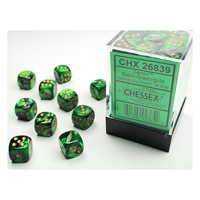 Chessex – Gemini 12mm D6 Dice Block – Black & Green w/Gold