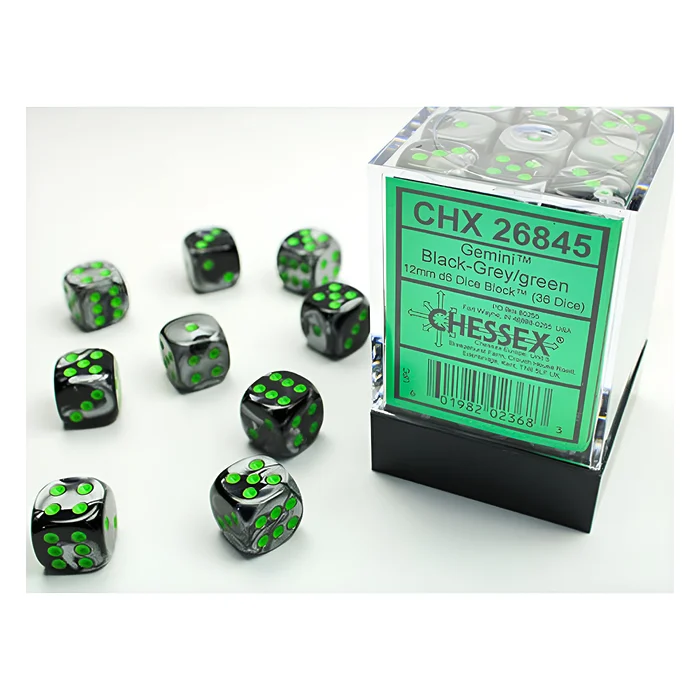 Chessex – Gemini 12mm D6 Dice Block – Black& Grey w/Green 3