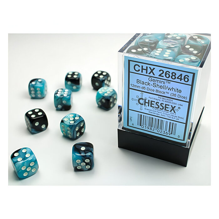 Chessex – Gemini 12mm D6 Dice Block – Black & Shell w/White