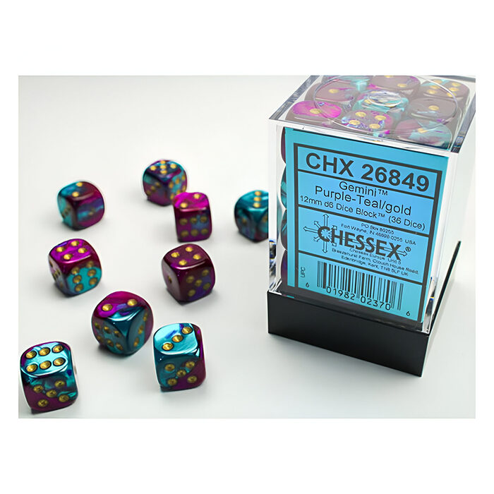 Chessex – Gemini 12mm D6 Dice Block – Purple & Teal w/Gold